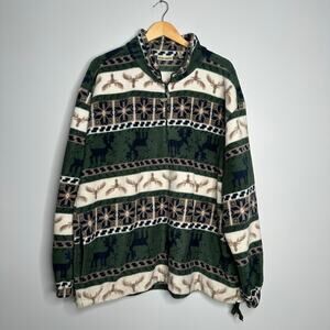 Prides Landing Unisex Vtg Green‎ 1/4 Zipper Pullover Moose Print Fleece Size L